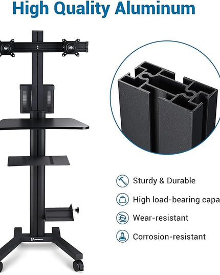 Yescom Mobile PC Stand Workstation with Dual Monitor Mount for Screen Up to 32" Black