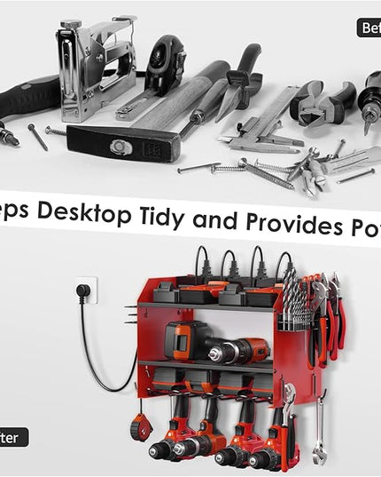 CCCEI Modular Power Tool Organizer Wall Mount with Charging Station. Garage Drill Storage Shelf with Hooks, Heavy Duty Rack, Tool Battery Holder Built in 8 Outlet. Gift for Men. Red, 1 Pack.