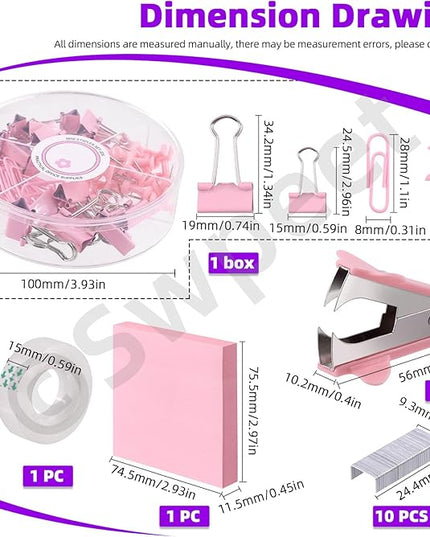 Swpeet 9Pcs Pink Office Supplies Kit, Desk Accessories Including Stapler, Tape Dispenser, Staple Remover, Tabs, Scissors, Staples, Tape, Clips and Sticky Note Ideal for Office and School