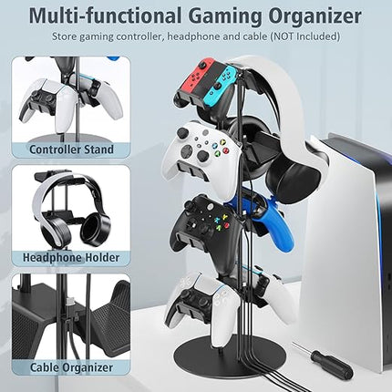 Kytok Controller Stand 4 Tiers with Cable Organizer for Desk, Universal Headphone Stand Compatible with Xbox PS5 PS4 Console Nintendo Switch, Headset Holder & Desk Mounts for 8 Packs Controller