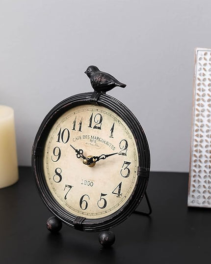 NIKKY HOME Vintage Table Clock with Bird, Metal Desk Clocks Battery Operated Black Retro Table Clock on Stand Decorative Desk Clock for Bedroom Living Room Shelf