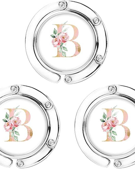 3pcs Personalized Initial Foldable Purse Hook for Table, Flower Letter Folding Handbag Hanger Portable Magnet Table Hook Holder, Collection Desk Purse Hooks for Women Bag (Pink-B)