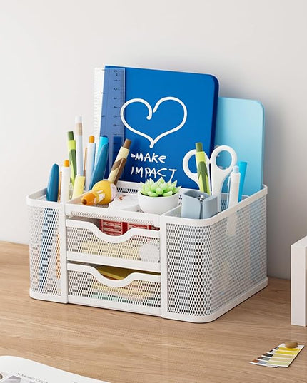 Marbrasse Mesh Desk Organizer, Pen Organizer with 2 Drawer, Multi-Functional Pencil Holder, Desk Organizers and Accessories with 5 Compartments + Drawer for Office Art Supplies (White)
