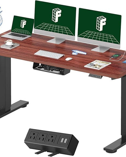 FLEXISPOT EN2 Whole-Piece Standing Desk with Clamp Power Strip, 60 x 24 Electric Stand Up Height Adjustable Desk with Cable Management (Black Frame + 60" Mahogany Top, 2 Packages)