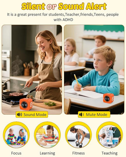 Digital Pomodoro Timer Cube 5/10/25/50min, Visual Productivity Flip Timer for Kids Classroom Desk, Custom Countdown, Silent and Sound Mode for ADHD Study Work Game Kitchen (Orange)