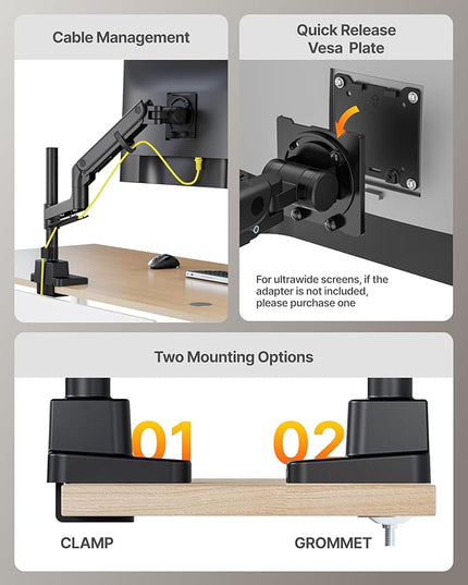monTEK Heavy-Duty Single Monitor Arm for 17-57 inch, up to 59.4lbs Ultrawide Screens,Gas Spring Dual Curved Adjustable Monitor Stand for Desk,75/100mm VESA Mount with USB，Black
