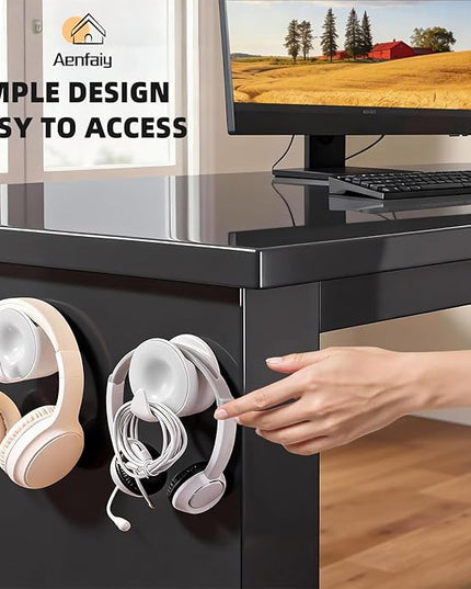 Aenfaiy Headphone Holder Wall Mounted, Under Desk Adhesive Headphone Hook, White Gaming Headset Stand Hanger for Desk with Cable Hook, Fits Slim On-Ear & Over-Ear Headphones| Headband Width Up to 30mm