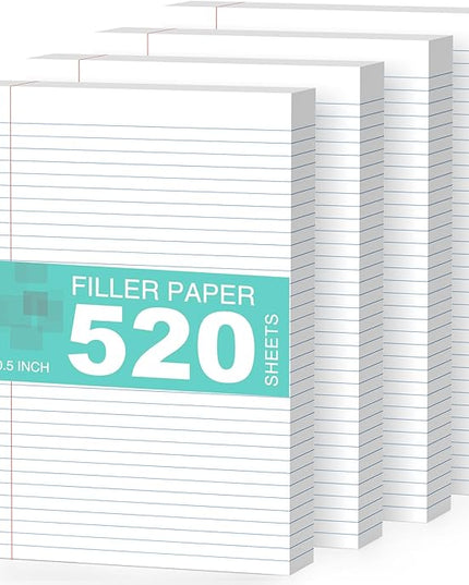 4-Pack White Loose Leaf Paper 520 Sheets Filler Paper 8 * 10.5 College Ruled 3-Hole Punched for 3-Ring Binders Notebook Lined 8" x 10.5"