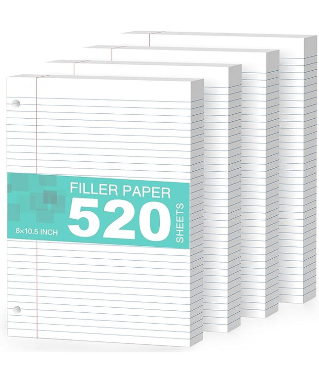 4-Pack White Loose Leaf Paper 520 Sheets Filler Paper 8 * 10.5 College Ruled 3-Hole Punched for 3-Ring Binders Notebook Lined 8" x 10.5"