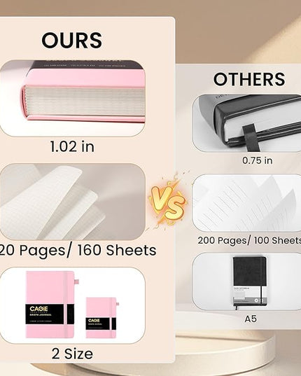 CAGIE Graph Paper Notebook 320 Pages 100 GSM Graphing Grid Journal B5 Hardcover Leather Quad Ruled Notebooks for Engineering, Math, Work, Pink