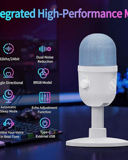 USB Microphone for PC - Computer Gaming Mic with RGB Lighting for PS4&5,Dual Audio Mixing,Mute,Headphone Output,192KHz/24Bit Hi-Fi Condenser Microphone for Streaming,Singing,Podcast-White