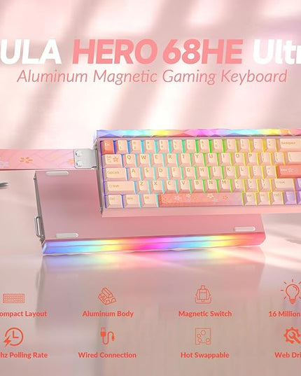 AULA Hero 68 HE Ultra - Wired Gaming Keyboard with Hall Effect Magnetic Switch, CNC Aluminum Frame, 8KHz Polling Rate, RGB Box & Backlight, Adjustable Actuation, 65% Compact Small Gamer Keyboards