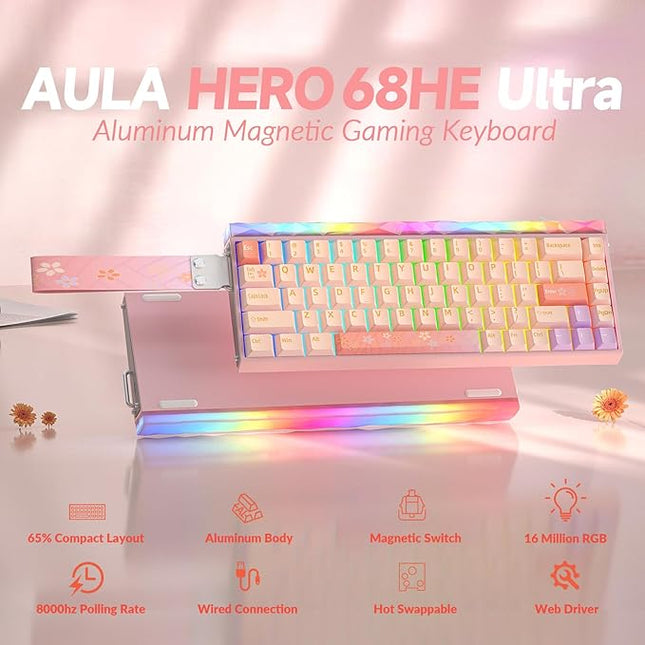 AULA Hero 68 HE Ultra - Wired Gaming Keyboard with Hall Effect Magnetic Switch, CNC Aluminum Frame, 8KHz Polling Rate, RGB Box & Backlight, Adjustable Actuation, 65% Compact Small Gamer Keyboards