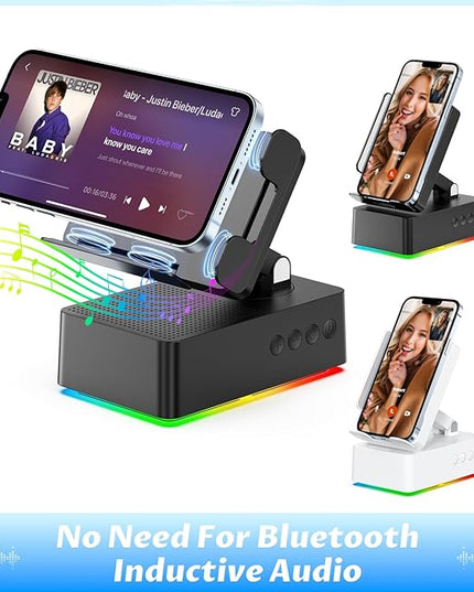 Wireless Induction Bluetooth Speaker, 5-in-1 Foldable Phone Holder, 1500mAh Emergency Charging, Colorful LED Ambient Light, Tech Gadgets Gifts for Men Women, for iPhone Android Tablet, Black