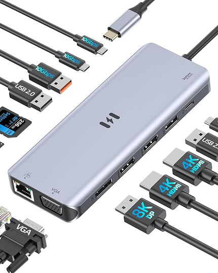 USB C Docking Station 4 Monitors,13 in 1 Laptop Docking Station 3 Monitors with Dual HDMI,8K DP,VGA,10Gbps USB A/C Data Transfer, PD Charging,USB C Hub Multiport Adapter for Windows/Mac OS Laptop