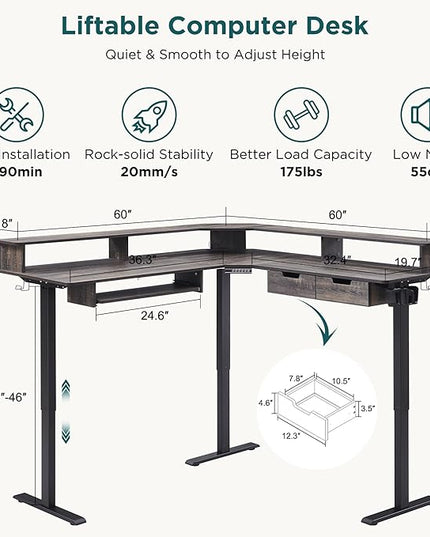 RedLemon L-Shaped Electric Standing Desk, 60 inches Motor Height Adjustable Sit Stand Corner Desk with Led, Large Home Office Desk Computer Workstation, Dark Rustic Oak