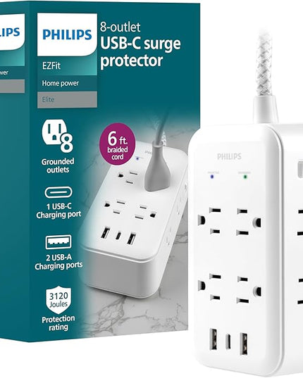 Philips Surge Protector, 8 Outlet, 2 USB-A, 1 USB-C, 17W, 3120J, Braided Cord, 6ft, White