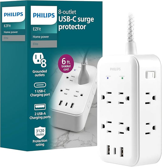 Philips Surge Protector, 8 Outlet, 2 USB-A, 1 USB-C, 17W, 3120J, Braided Cord, 6ft, White