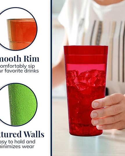 US Acrylic Cafe Plastic Reusable Tumblers (Set of 16) 20-ounce Water Cups Assorted Colors | Restaurant Style Drinking Glasses Value Set, Stackable, BPA-free, Made in the USA | Top-rack Dishwasher Safe