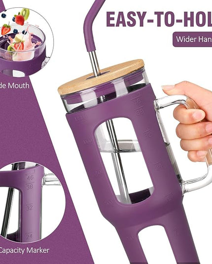 Glass Tumbler with Lid and Straw, 46 oz Iced Coffee Cup with Handle, Glass Water Bottles with Silicone Sleeve, BPA Free-Dark Purple