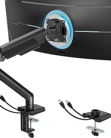 ARES WING Heavy Duty Single Monitor Arm - Fully Adjustable Monitor Mount for 17"-40" Ultrawide Screens Up to 26.4 lbs with Clamp/Grommet Desk Mount and USB A/C, 75/100 Vesa Mount, Black