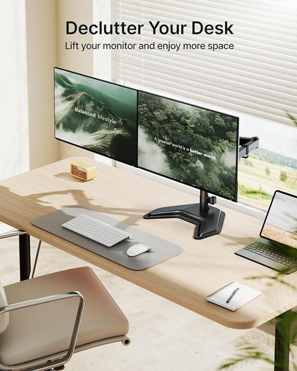 monTEK Stable Freestanding Dual Monitor Stand for 17–32” Computer Screens, Heavy-Duty Desk Mount with 22 lbs per Arm, Fully Adjustable Brackets and Arms, Solid V-Shaped Base, VESA 100×100mm Max