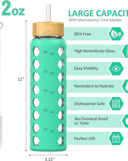 MUKOKO 32oz Glass Water Bottles with 2 Lids-Handle Spout Lid&Bamboo Straw Lid, Motivational Water Tumbler with Time Marker Reminder and Silicone Sleeve, Leakproof-Green-1 Pack