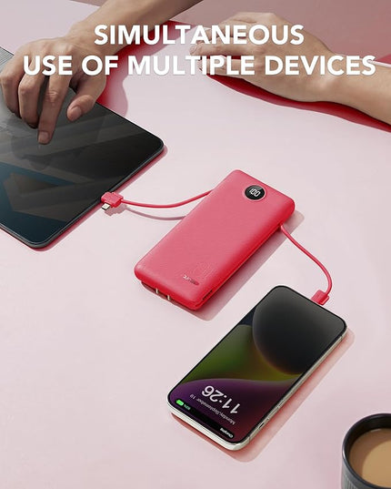 Portable Charger Built-in Cables and AC Wall Plug, VRURC USB C Power Bank 10000mAh, Travel Battery Portable Phone Charger Compact Lightweight External Battery Pack for SmartPhones,Tablets-Viva Magenta