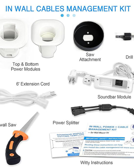 in Wall Cable Management Kit for TV & Soundbar - Cord Hiding for Wall, Hide TV Wires When Mounting, Includes Power & Low Voltage Cable Management, Includes Hole Saw Drill Attachment for Install
