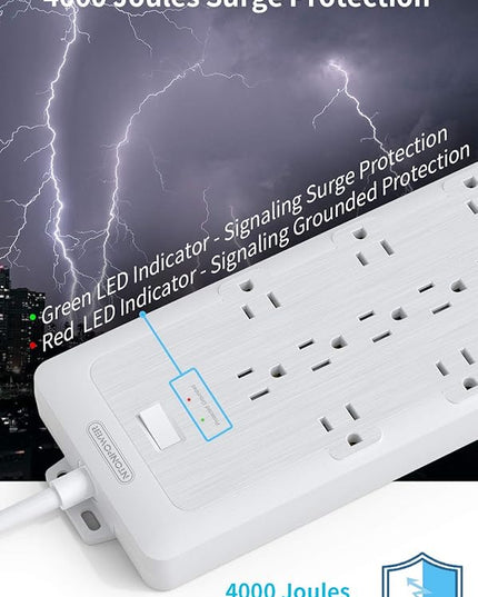 4000 Joules Power Strip Surge Protector, 15 FT Heavy Duty Extension Cord (1875W/15A), 12 Widely Spaced AC Outlets, Overload Protection, Wall Mount, ETL Listed, Ideal for Home, Dorm Essentials, White