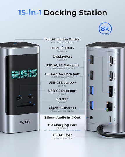 RayCue USB C Docking Station, 15in1 Triple Display with 5 Shortcut Button, Smart Display, DP&HDMI, 10G USB A/C, Gigabit Ethernet, 100W PD, Audio, Laptop Docking Station for Dell/HP/Lenovo/Mac and More