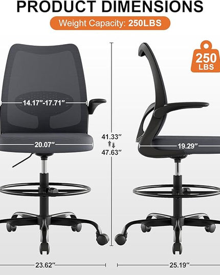 Tall Office Chair for Standing Desks,High Desk Drafting Chair with Adjustable Footrest Ring,Ergonomic Lumbar Support,Flip-Up Armrests for Home Office,Grey