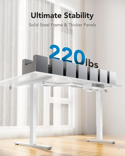 HUANUO 71 x 48 inch Dual Motor L Shaped Electric Standing Desk with 3 Preset Heights, Electric Height Adjustable Computer Table, 2 Hooks & Cable Tray, Raising Desk for Home Office, White