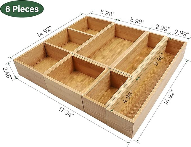 Kootek Bamboo Drawer Organizer with Removable Dividers, 6 Pcs Adjustable Kitchen Drawer Organizer Utensils Bamboo Organizers Silverware Storage Box Cutlery Tray Multi-Use for Bathroom, Makeup, Office