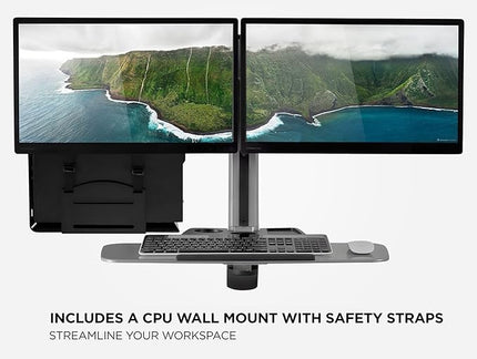 Mount-It! Sit Stand Dual Monitor Wall Mount Workstation & Stand Up Computer Station with Articulating Keyboard Tray Arm and CPU Holder