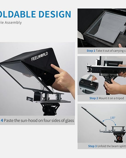 FEELWORLD TP16 16 Inch Folding Teleprompter for Up to 16" Tablet Horizontal Vertical Prompt for Live Streaming Interview Speech Online Teaching Vlogger with APP Remote Control Carry Case