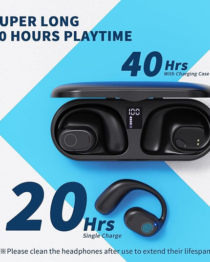 PSIER Open Ear Headphones, Bluetooth 5.3 Wireless Sports Headphones with Digital Display Charging Case 40 Hours Playtime True Earbuds with Earhooks for Running, Walking, Workout