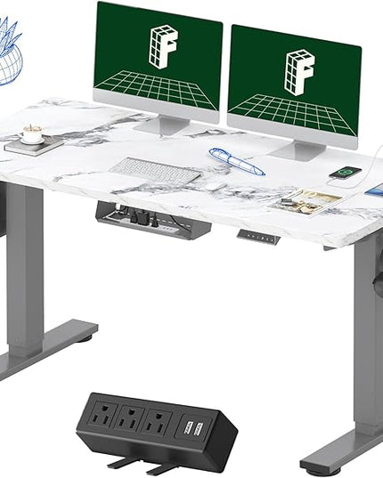 FLEXISPOT EN2 Whole-Piece Standing Desk with Clamp Power Strip, 55 x 28 Electric Stand Up Height Adjustable Desk with Cable Management (Gray Frame + 55" Marble Grey Top, 2 Packages)