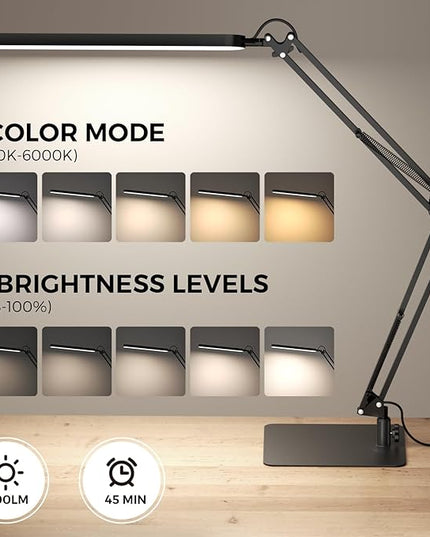 SKYLEO LED Desk Lamp with Slim Base - Adjustable Swing Arm Desk Light, Dimmable, Timer, Eye Protection, Memory Function, 1300LM, 12W, Black