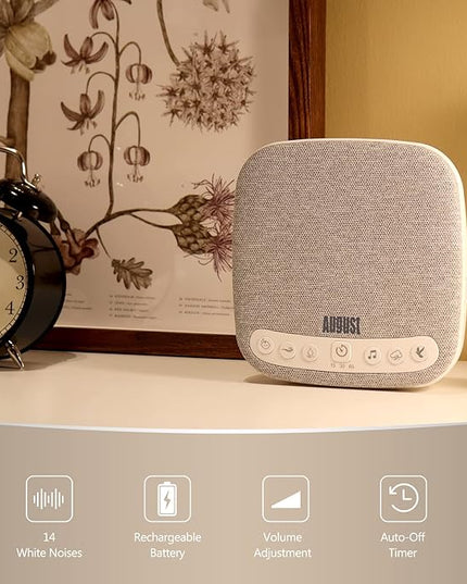 Portable White Noise Sound Machine - August SE160 - Calming, Ambient Sleep Therapy - 14 Soothing Sounds for Babies, Children, Adults - Sleep Aid with Timer - 60-Hour Battery - USB-C Charging - White