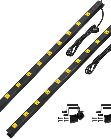 SURAIELEC 10 Outlet Long Power Strip Surge Protector, Industrial Heavy Duty Metal Shop Power Strip Flat Plug, 1000 Joules, 15 A Breaker, 6FT Cord, Wall Mountable, for Work Bench, Shop, Garage, 2 Pack