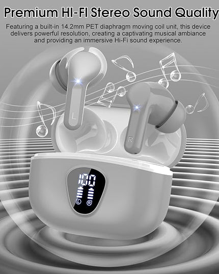 Wireless Earbuds, Bluetooth 5.4 Headphones HiFi Stereo, Bluetooth Earbuds with ENC Noise Cancelling Mic, IP7 Waterproof in Ear Earphones, 48H, LED Display Ear buds for Pad Workout Sports, Grey