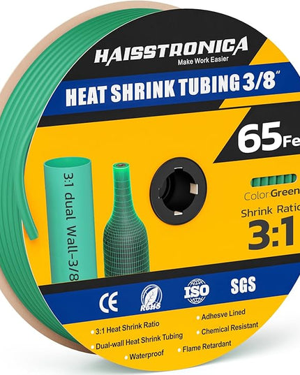 haisstronica 3:1 Heat Shrink Tubing, Shrink Ratio Adhesive Lined Marine Grade Heat Shrink Tube for Home, Automotive and Industrial (Green) 65FT 3/8inch