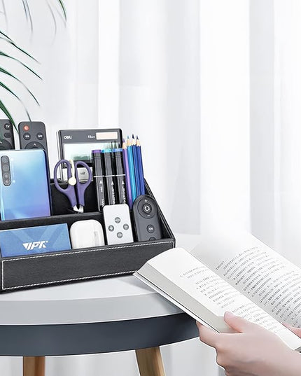 KINGFOM Pu Leather Desk Organizer with 5 Compartments Holder, Multi-Functional Office Supplies Storage Caddy for Pen/Pencil, Phones, Remote Controller and Desktop Accessorie Black