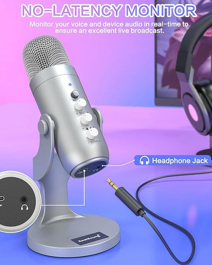 ZealSound USB Microphone,Condenser Computer PC Mic,Plug&Play Gaming Microphones for PS 4&5.Headphone Output&Volume Control,Mic Gain Control,Mute Button Vocal,YouTube Podcast on Mac&Windows(Silver)