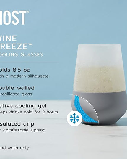 Host Wine Freeze Cooling Cups, Freezer Cups for Drinks, Insulated Tumblers Cool Wine Glasses Set of 2, 8.5oz in Gray