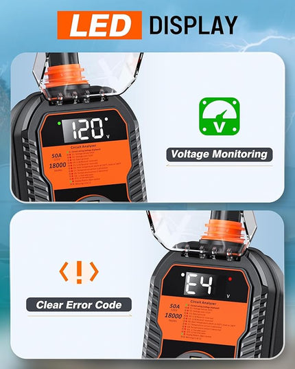 18,000J RV Surge Protector 50 Amp with LED Display, 50 Amp Surge Protector for RV with Voltage Monitoring, Clear Error Codes, Comprehensive Detection, IP68 Waterproof