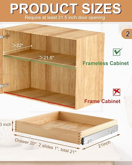 Menkxi 2 Set Pull out Tray Cabinet Organizer Wooden Pull Drawers storage Slide out Pantry Shelf for Base Cabinet Kitchen Gentle Close Fully Assembled Accessories(Wood Color,21'' X 21'' X 3'')