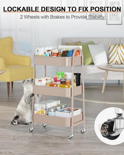 EAGMAK 3 Tier Utility Rolling Cart, Metal Storage Cart with Handle and Lockable Wheels, Multifunctional Storage Organizer Trolley with Mesh Baskets for Kitchen, Living Room, Office, Garage (Beige)