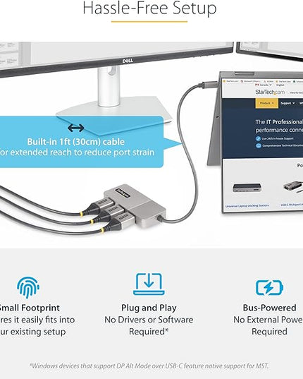 StarTech.com 3-Port USB-C Multi-Monitor Adapter, USB Type-C to 3x DisplayPort 1.4 MST Hub, Triple 4K 60Hz DP Laptop Display Extender / Splitter, HDR, Extra-Long Built-In Cable, Windows (MST14CD123DP)